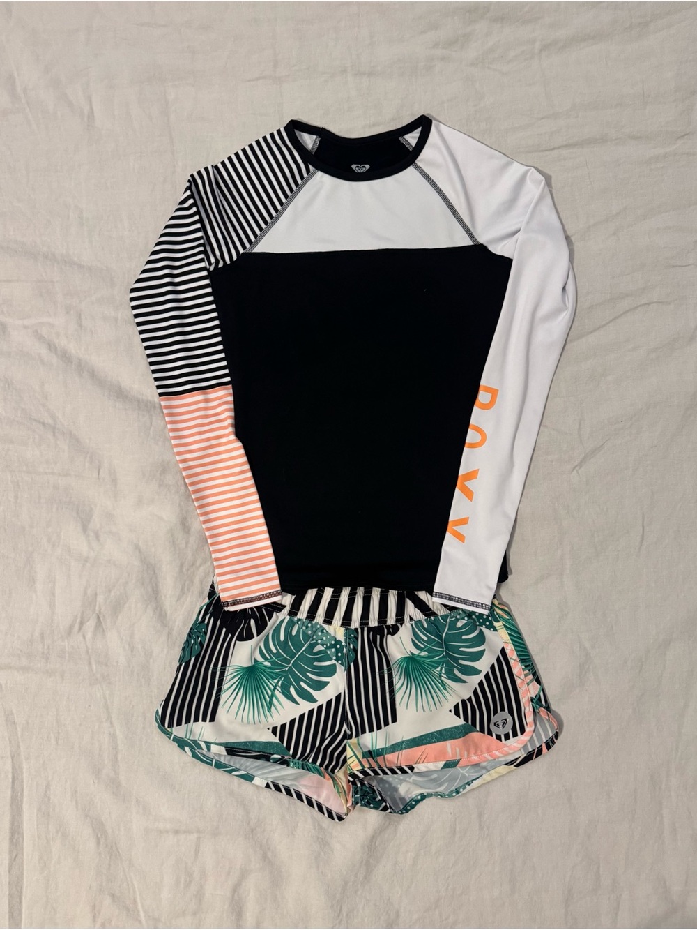 Roxy Black, White & Coral Colorblock Rash Guard with Tropical Leaf Shorts